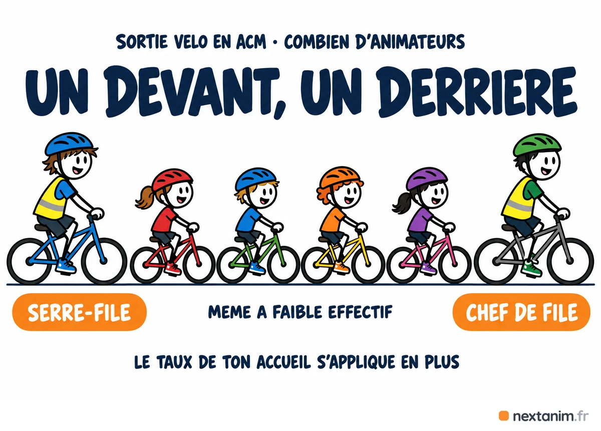 Combien d'animateurs pour une sortie vélo en ACM : le taux de ton accueil s'applique et le SDJES recommande de toujours partir à deux animateurs, un chef de file devant et un serre-file derrière