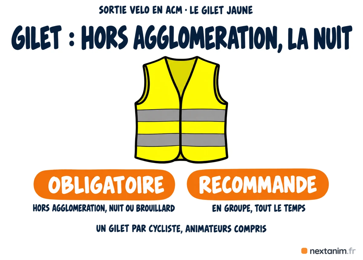 Le gilet jaune à vélo est obligatoire hors agglomération la nuit ou par mauvaise visibilité, et recommandé en groupe tout le temps, un gilet par cycliste animateurs compris