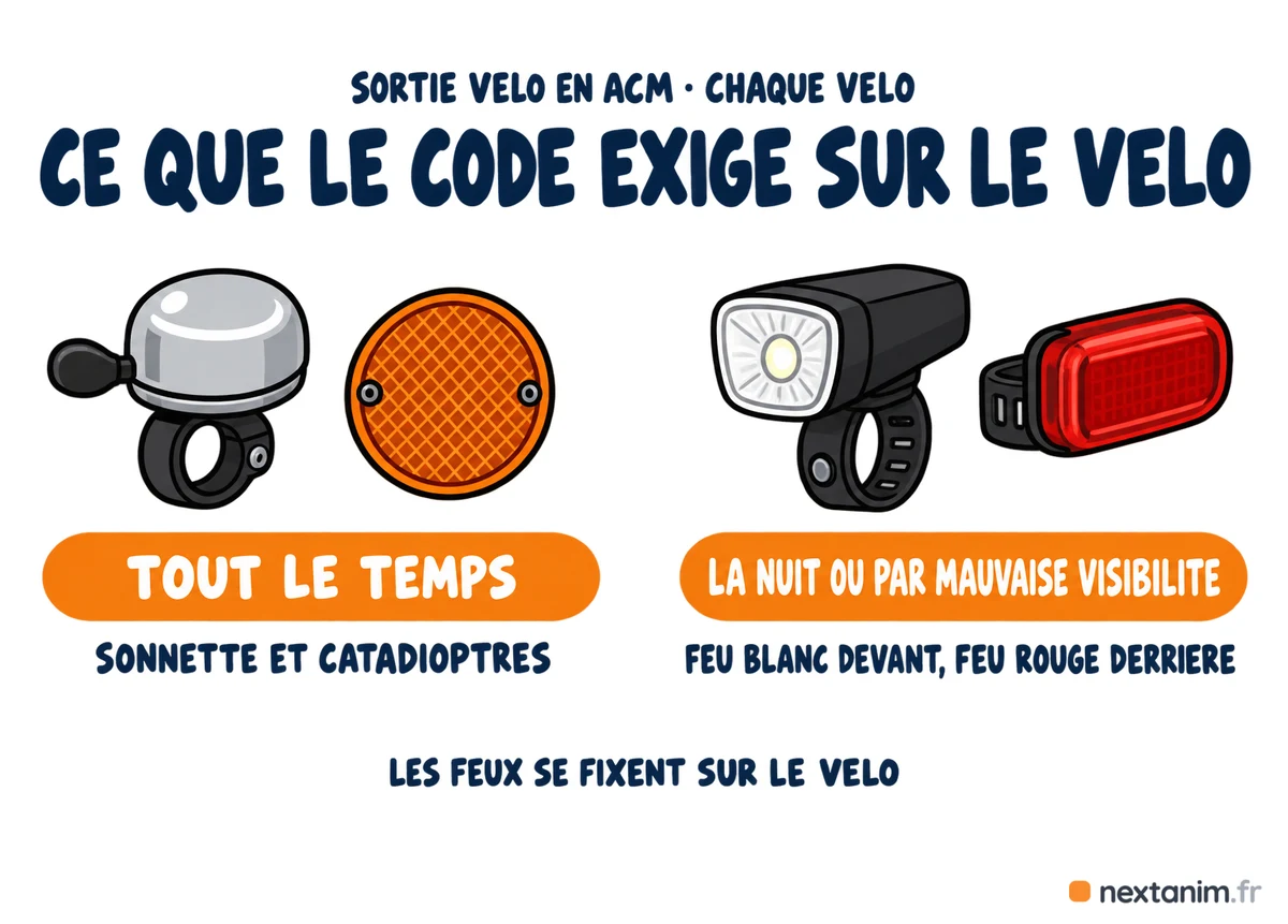 L'équipement obligatoire sur chaque vélo selon le code de la route : sonnette et catadioptres tout le temps, feu blanc ou jaune devant et feu rouge derrière la nuit ou par mauvaise visibilité, les feux se fixent sur le vélo