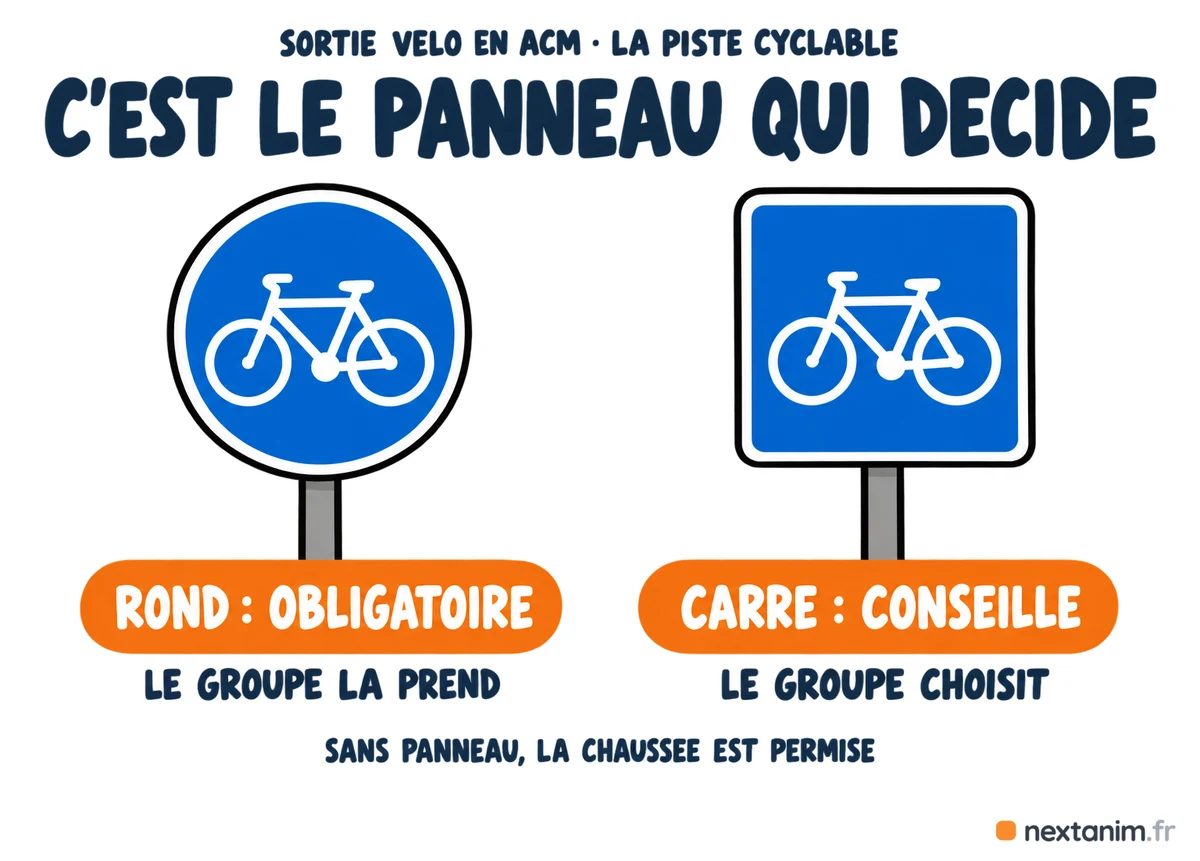 La piste cyclable est-elle obligatoire à vélo : c'est le panneau qui décide, le panneau rond l'impose, le panneau carré la conseille, sans panneau la chaussée est permise