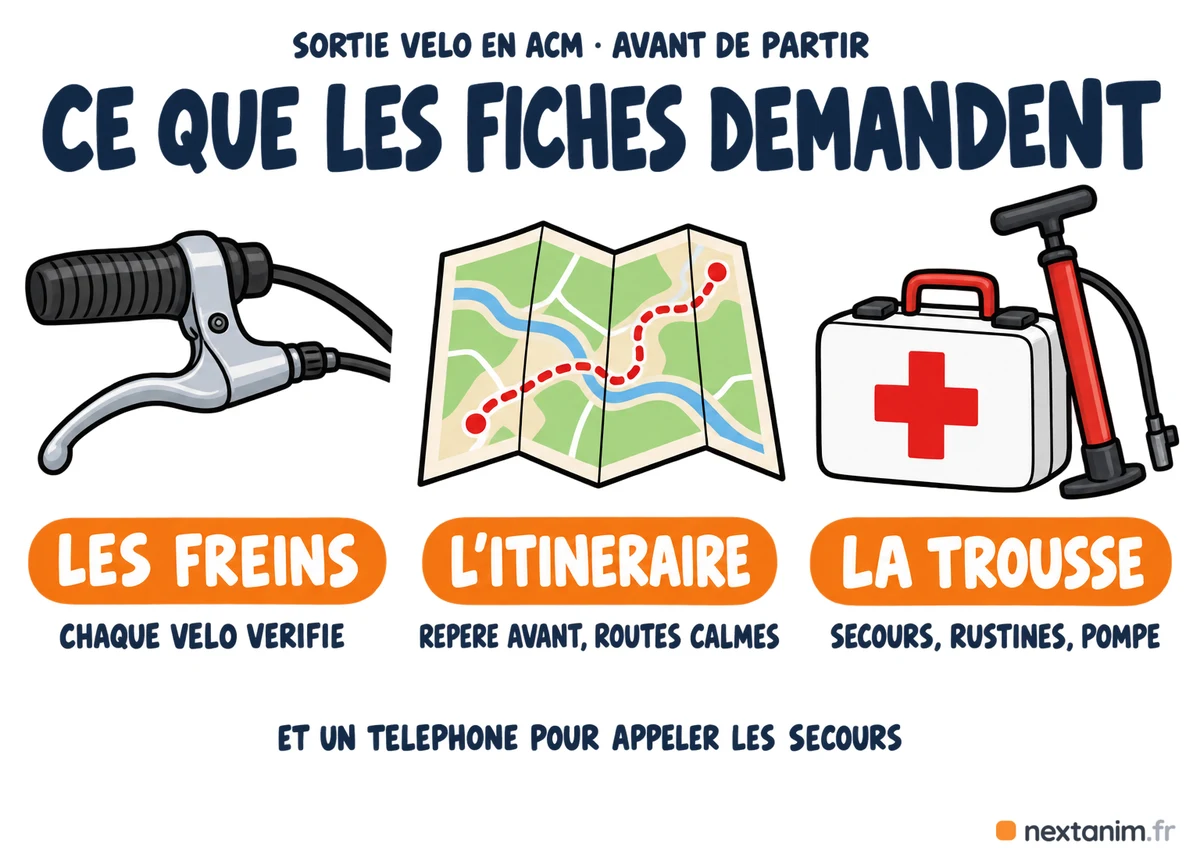 Ce que le SDJES recommande avant une sortie vélo en ACM : les freins de chaque vélo vérifiés, l'itinéraire repéré sur des routes calmes, une trousse de secours et de réparation, un téléphone pour appeler les secours