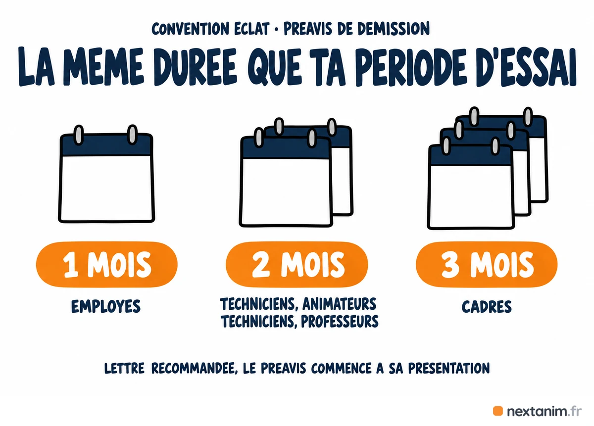 Préavis de démission avec la convention ÉCLAT : un mois pour les ouvriers et les employés, deux mois pour les techniciens, agents de maîtrise, animateurs techniciens et professeurs, trois mois pour les cadres, la même durée que la période d'essai