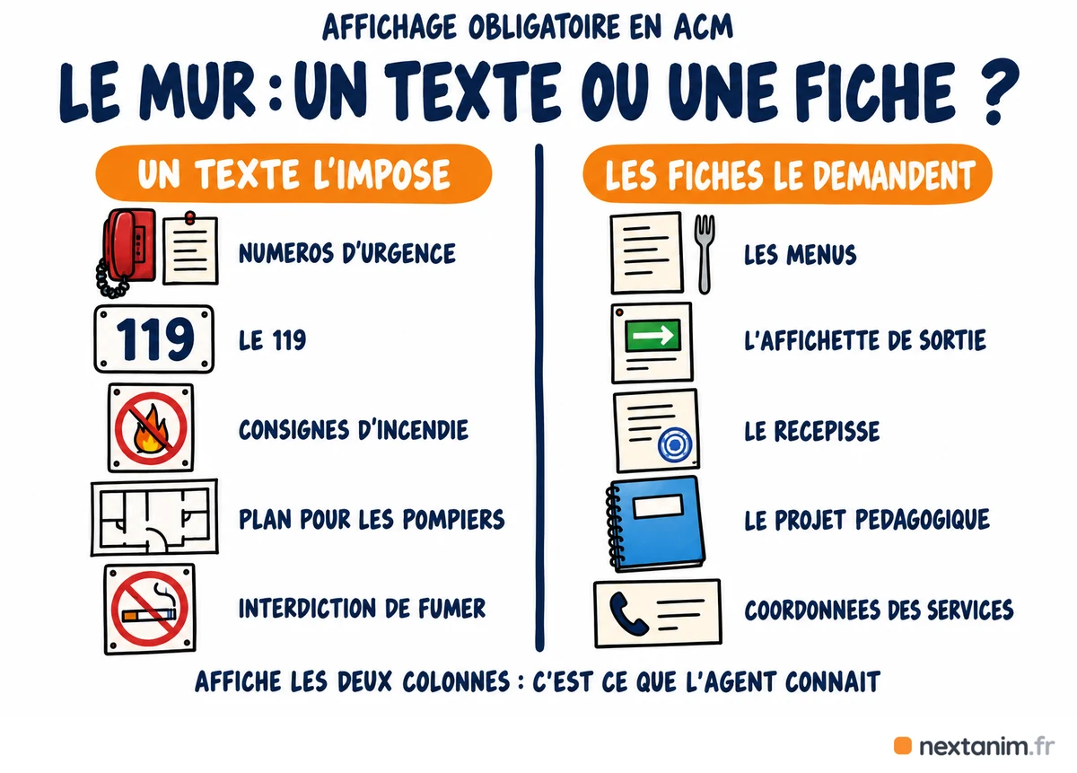 Les affichages obligatoires en ACM en deux colonnes : ce qu'un texte impose (numéros d'urgence, 119, consignes d'incendie, plan pour les pompiers, interdiction de fumer) et ce que les listes départementales demandent (menus, affichette de sortie, récépissé, projet pédagogique, coordonnées des services)