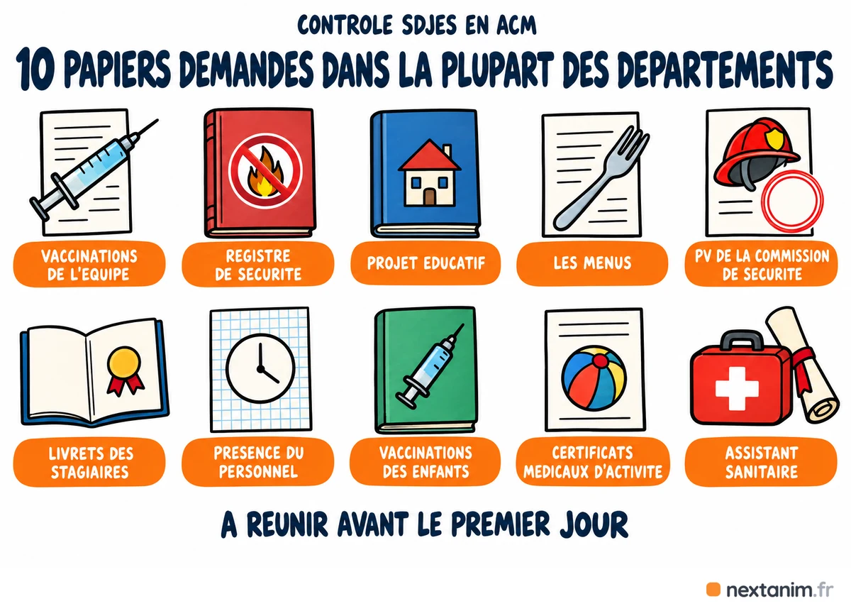 Les dix documents demandés par la plupart des départements en cas de contrôle SDJES en ACM : vaccinations de l'équipe, registre de sécurité, projet éducatif, menus, procès-verbal de la commission de sécurité, livrets des stagiaires, présence du personnel, vaccinations des enfants, certificats médicaux d'activité et qualification de l'assistant sanitaire