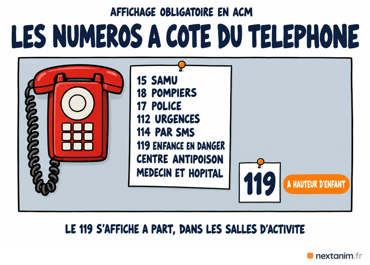Les numéros d'urgence à afficher à côté du téléphone d'un centre de loisirs : 15, 18, 17, 112, 114 par SMS, 119, centre antipoison, médecin et hôpital, et le 119 à part à hauteur d'enfant dans les salles d'activité