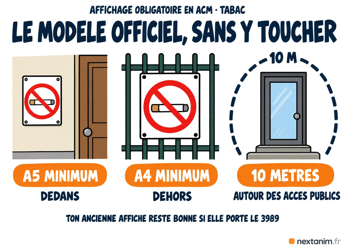 L'affiche interdiction de fumer en ACM : le modèle officiel sans y toucher, en A5 minimum dedans et A4 minimum dehors, et l'interdiction qui couvre dix mètres autour des accès publics ; l'ancienne affiche reste bonne si elle porte le 3989