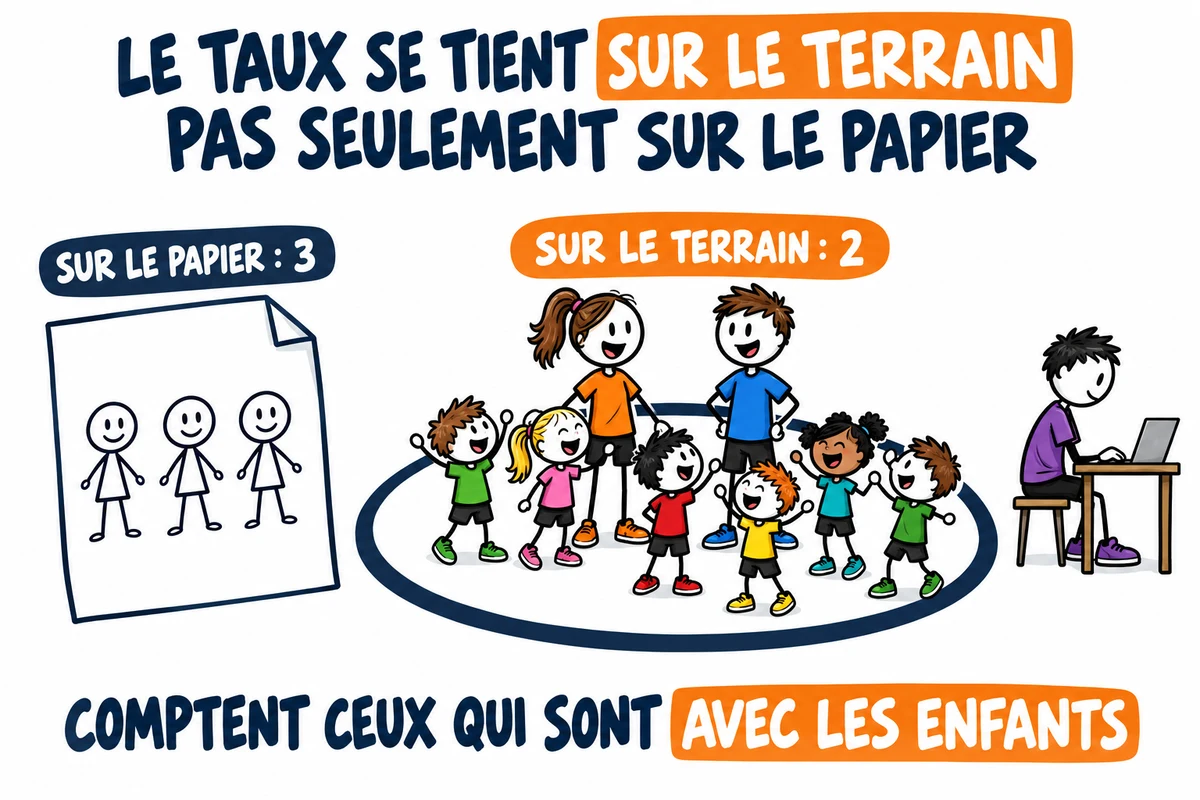Le taux d'encadrement se tient sur le terrain, pas seulement sur le papier : trois animateurs sur la déclaration, deux avec les enfants et un troisième au bureau, seuls ceux qui sont avec les enfants comptent